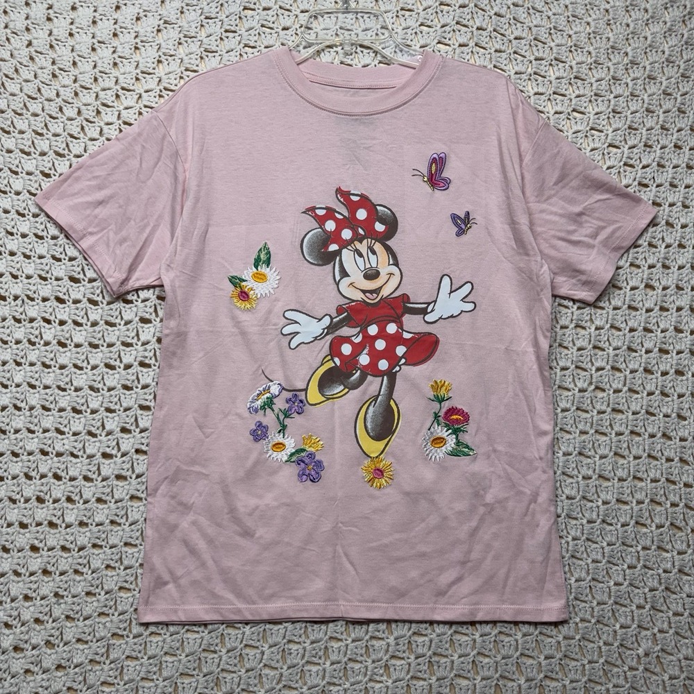 Disney Minnie Mouse T-Shirt Women  S  Pink Graphic Stitched Butterfly And Flower